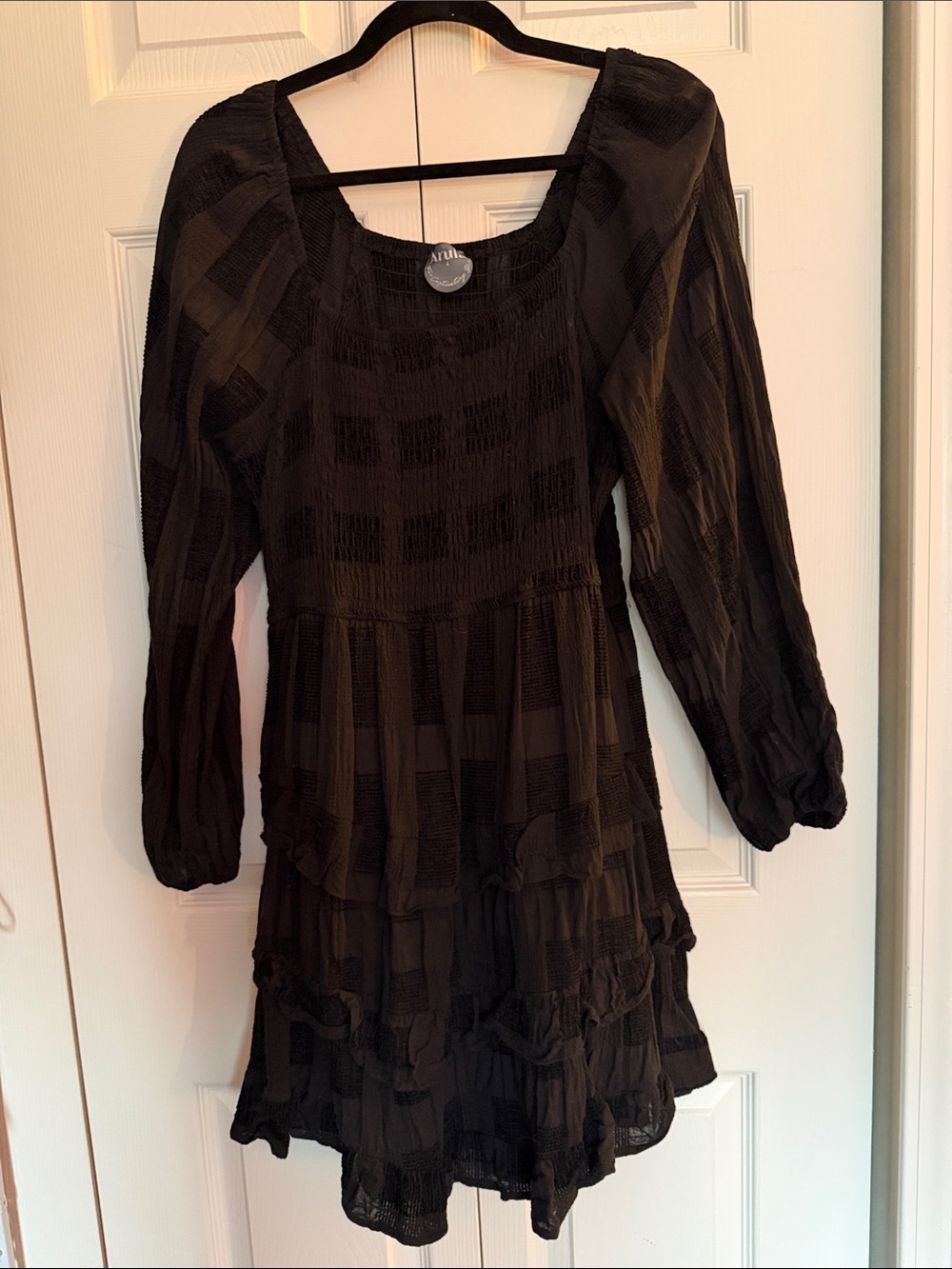 ARULA Black Long-Sleeve Smocked Tiered Dress